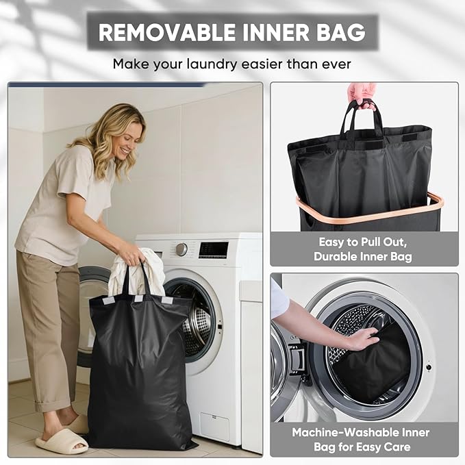 BALEINE Laundry Hamper with Lid, Tall Laundry Baskets with Bamboo Pull Handles, Large Laundry Bin with Internal Support (26Gal/100L, Carbon Black)