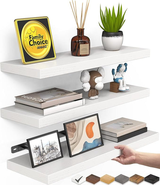 BAYKA White Floating Shelves for Wall Set of 3, Rustic Wood Wall Shelves with Metal Brackets for Bathroom, Bedroom, Kitchen, or Living Room Decor Organization, Sturdy Storage with 22lb Capacity