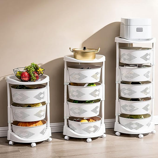 Kitchen Storage Cart 3 Tier Multi-Layer Storage Basket with Wheels Fruit Vegetable Storage Shelves Racks Rolling Storage Cart for Kitchen Living Room Bedroom, White (3 Tier)