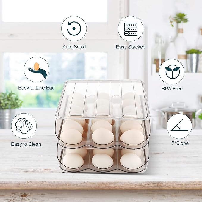 MesRosa Egg Holder for Fridge, Automatically Rolling Egg Storage Container for Refrigerator,Large Capacity Egg Organizer for Fridge with Lid,Clear Plastic Dispenser, Tray & Bin -2 Layer