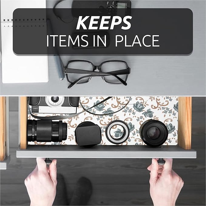 FIFTY FEET 12X120 Inch Shelf Liner for Kitchen Cabinets, PVC Drawer Liner for Dresser Non-Slip Bathroom, Non-Adhesive Cabinet Liner Washable (Black Floral)(1 Roll)