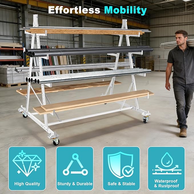 Mobile Horizontal Storage Rack, 5-Tier Pipe Rack Cart 53" x 52" x 44", 2000 lbs Heavy Duty Long Parts Storage Rack, Lumber Cantilever Racking with Wheels for Garage, Workshop, Shed, Basement