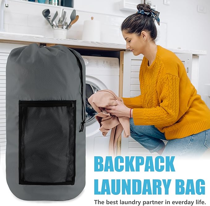Olosar Laundry Bag Backpack, Extra Large Travel Laundry Bag with Mesh Pocket & Adjustable Shoulder Straps,Dirty Clothes Travel Bag for College Students Dorm,Apartment(Grey)