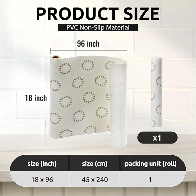 FIFTY FEET 18X96 Inch Shelf Liner for Kitchen Cabinets, PVC Drawer Liner for Dresser Non-Slip Bathroom, Non-Adhesive Cabinet Liner Washable (Beige Circle)(1 Roll)