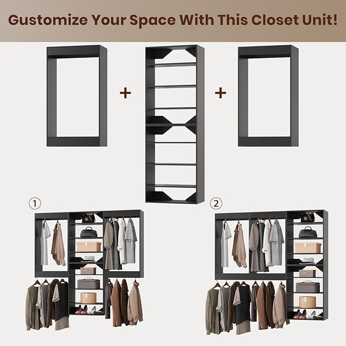 ROOMTEC Modular Closet System, 78" Wall-Mounted Closet Organizer with Hanging Rods and Shelves, Wooden Tower for Walk-In Closets, Wardrobe Storage Kit, Black