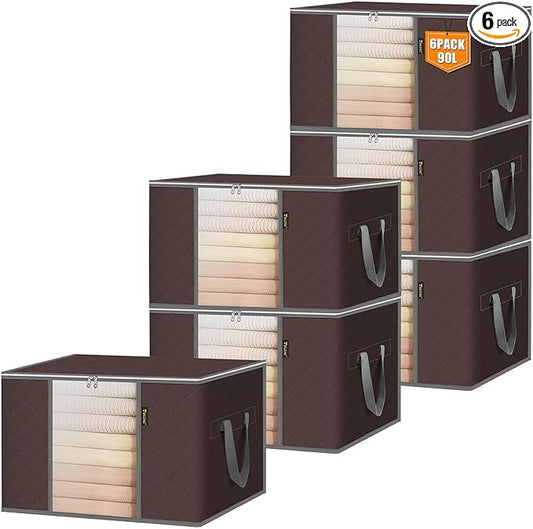 BALEINE 6 Pack Clothes Storage Bags, 24 Gallon Storage Containers with Reinforced Handle, Sturdy Zipper, Closet Organizer for Blanket, Comforter, Pillow, Bedding (Brown, 6 Pack)