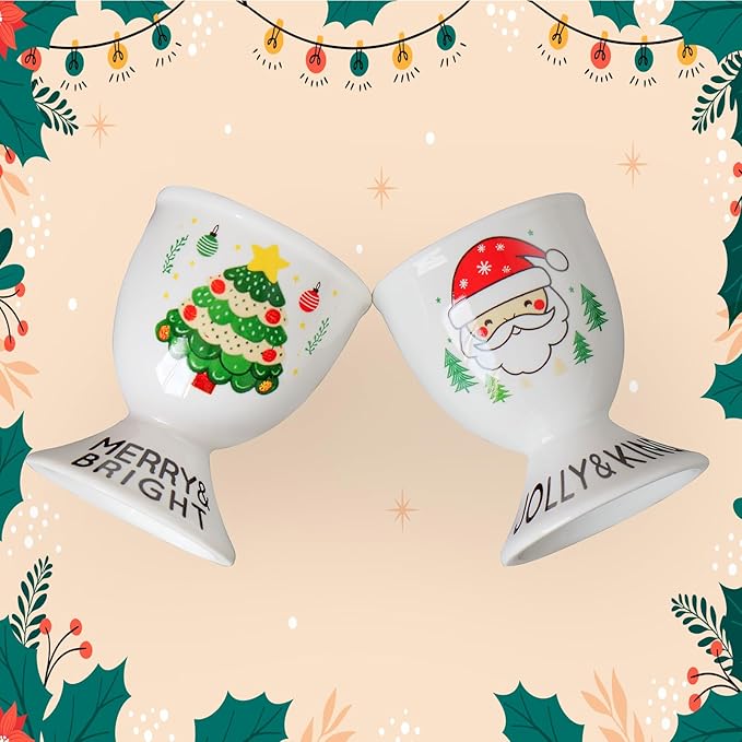 Cinf Ceramic Egg Cup Set of 2 Porcelain Holder Breakfast Boiled Cooking Easy to Clean Childhood Memories Kitchen(Christmas)