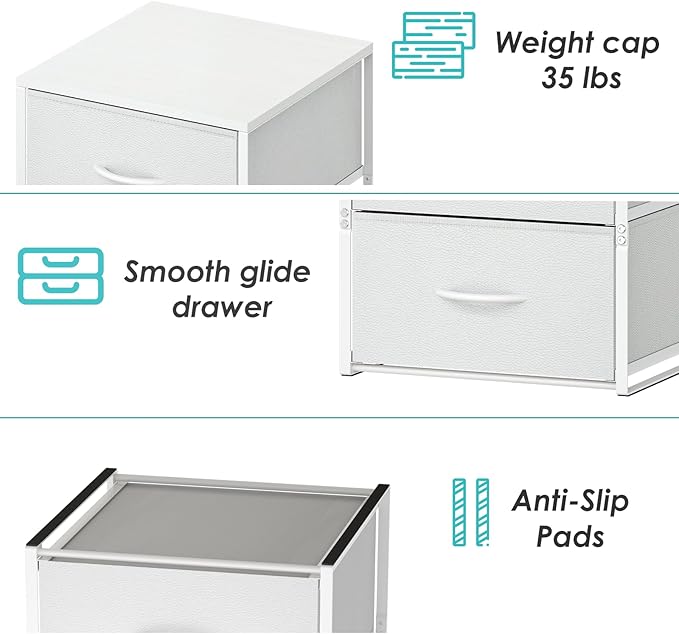 2 Pack Stackable Storage Closet Drawers, White Closet Organizers and Storage, Small Drawers for Closet with Wooden Top & Metal Frame, 2 Tier Modern Short Dresser for Bedroom,Dorm,Living Room, Office