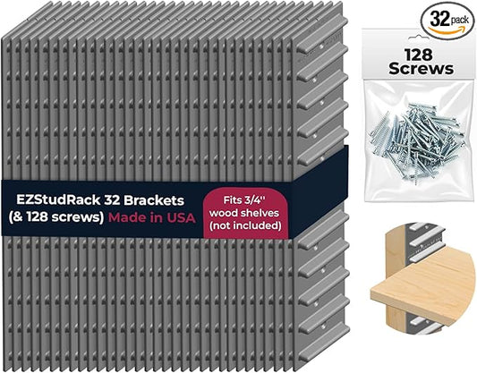 Made in USA | EZStudRack Adjustable Between Stud Shelf Bracket | Shelf Brackets for Wall Mounted Shelf | Shelving Brackets for Home | Garage Shelf Brackets- Wood Not Included- 32Pack (16 Pair) Gray