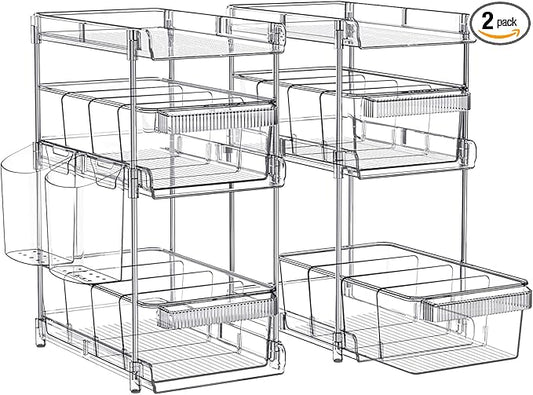 Clear Bathroom Organizers 2 Sets 3 Tier, Pull Out Organizer and Storage with 2 Cups, Slide Out Drawer Storage Container with 6 Dividers, Multi-Purpose Bathroom Organizer, Kitchen Under Sink Organizer