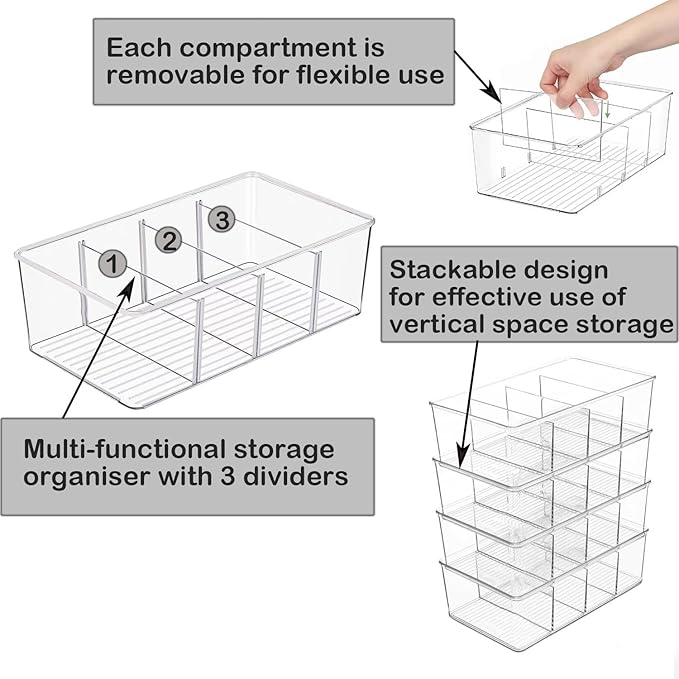 1 Pack Storage Organizer Bins, Plastic Bins Desk Organizer Containers with 4 Slots for Pantry, Kitchen, Fridge, Cabinet Packets, Snacks, Shelves, Pouches, Spice Packets