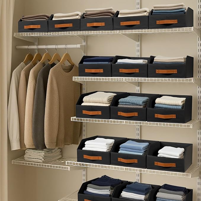 Homsorout Fabric Storage Bins for Organizing - 12 Pack Large Trapezoid Collapsible Storage Bins with Front Handle, Closet Organizers and Storage for Bedroom, Home Shelves, Small Spaces, Black