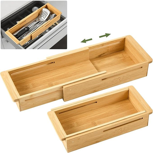 LemonRoad 2 Pcs Sliding Drawer Organizer Bin Bamboo Drawer Expandable Bins Utensil Organizer for Kitchen Spoons Forks Knives (Wood)