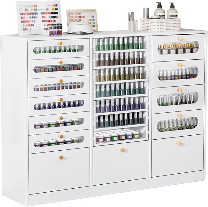 OmySalon Nail Polish Organizer Cabinet with Drawers, 47.2" L Large Nail Salon Storage for Polish & Powder, 7 Clear & 10 Visual Drawers, Wooden Beauty Salon Furniture (White)