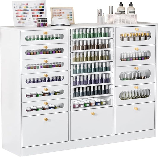 OmySalon Nail Polish Organizer Cabinet with Drawers, 47.2" L Large Nail Salon Storage for Polish & Powder, 7 Clear & 10 Visual Drawers, Wooden Beauty Salon Furniture (White)