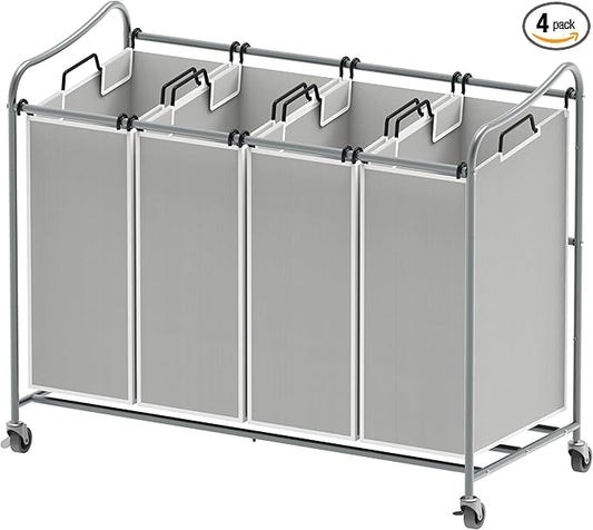 Simple Houseware 4-Bag Heavy Duty Laundry Sorter Rolling Cart, Silver