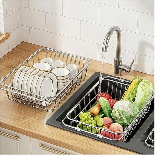 Drain Rack for Dishes Inside/Outside Sink-Expandable Stainless Steel Structure, Rubber Primer Protection, Space-Saving Kitchen Storage Tool. (Middle)