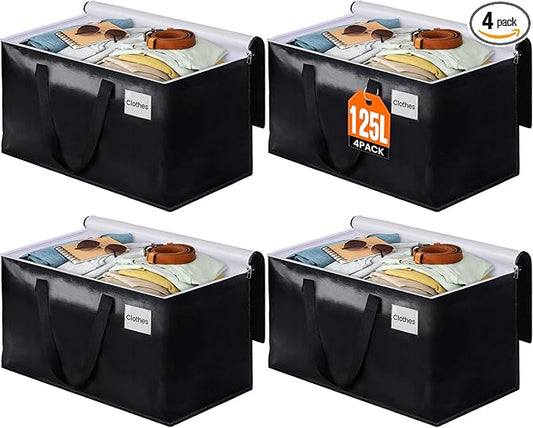 BlissTotes Moving Bags, Heavy Duty Moving Boxes with Zippers Top and Sturdy Handles, Storage Bags for Space Saving and Packing, Collapsible Moving Supplies, Storage Totes (125L, 4-Pack, Black)