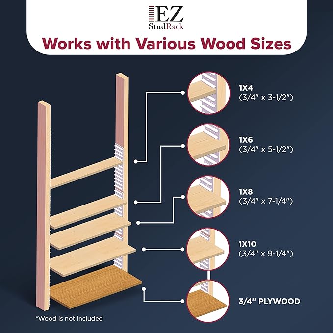 Made in USA EZStudRack Adjustable Shelf Brackets, 8-Pack (4 Pairs) – Easy-to-Adjust One-Row Storage for Custom-Fit Shelves – Your Items, Your Wood, You Supply It