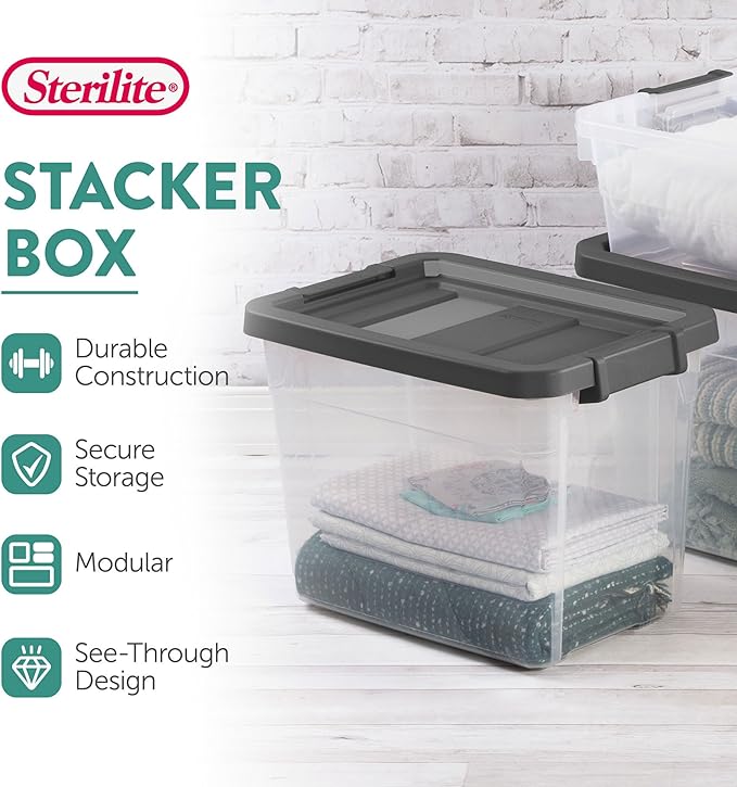 Sterilite 24-Pack Modular Stacker Box, Durable Clear Plastic Storage Bins with Latching Lids, 30 Quart - Stackable Organizing Container Boxes for Closet, Bathroom, and Office