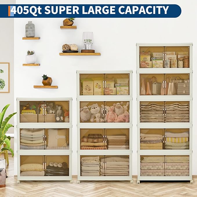 Garvee 405QT Stackable Storage Bins, Plastic Bins for Storage with Lids, Plastic Storages Drawers with Magnetic Doors & Wheels, Foldable Collapsible Closet Organizers for Home, Dorm, Office, White
