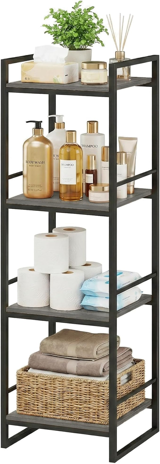 BYFU 4 Tier Bathroom Storage Open Shelf, Freestanding Metal Corner Storage Rack Shelving Unit for Bathroom Kitchen Living Room Hallway, Grey
