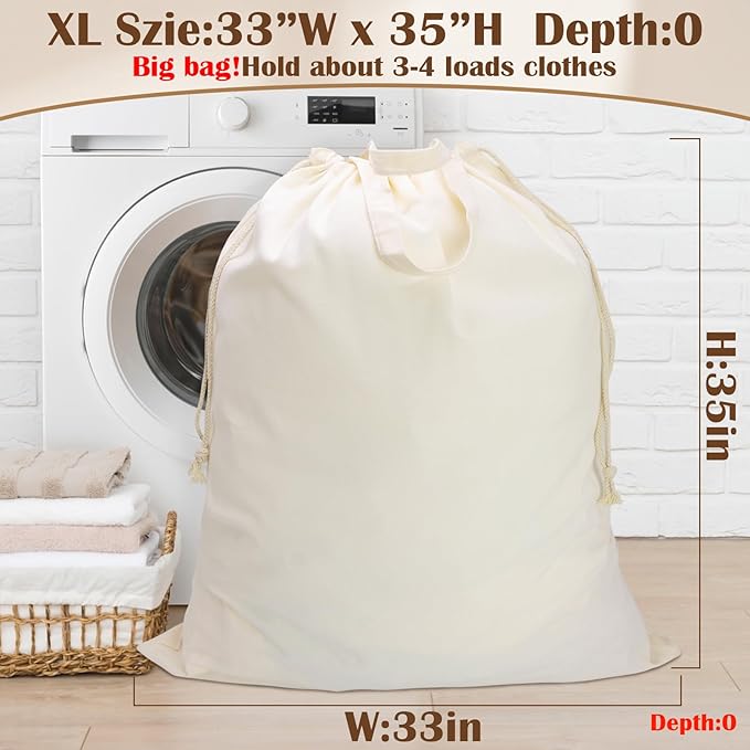 Canvas Laundry Bag 33"Wx 35"H, Thick Canvas Laundry Bag with Handles & Drawstring, Extra Large Heavy Duty Washable Basket Liner Hamper Liner Storage Sack (Beige XL, 2 Pack)