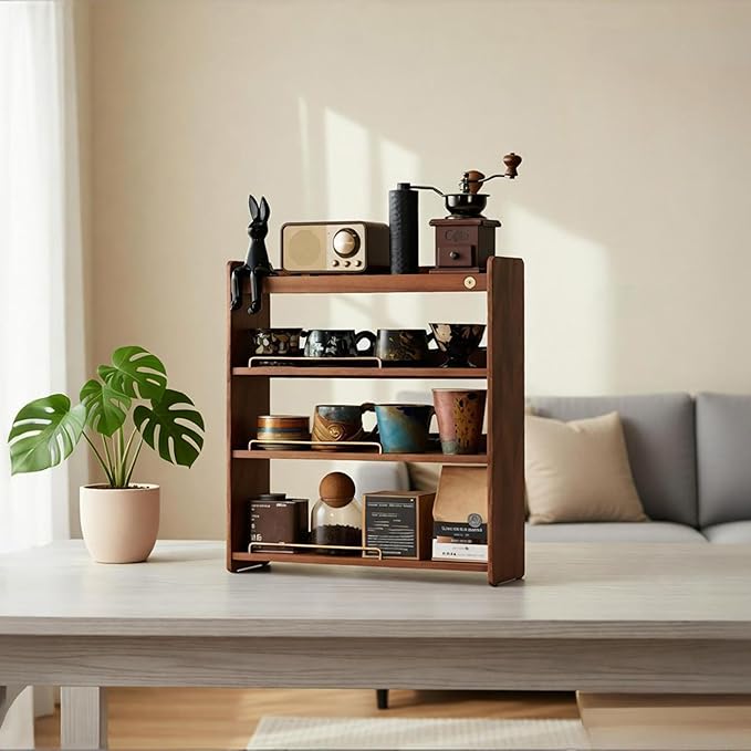 Wooden Cup Holder 4 Tier Walnut Wooden Shelf Organizer Coffee Station Organizer for Kitchen Home