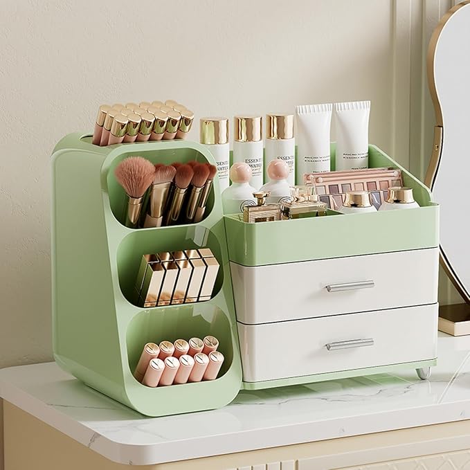 Booklov Makeup Organizer for Vanity, Large Capacity Cosmetic Display Case with Drawers, Countertop Beauty Storage Holder for Skincare, Brush Eyeliner Eyeshadow Lipsticks, Counter Desk, Cream Green