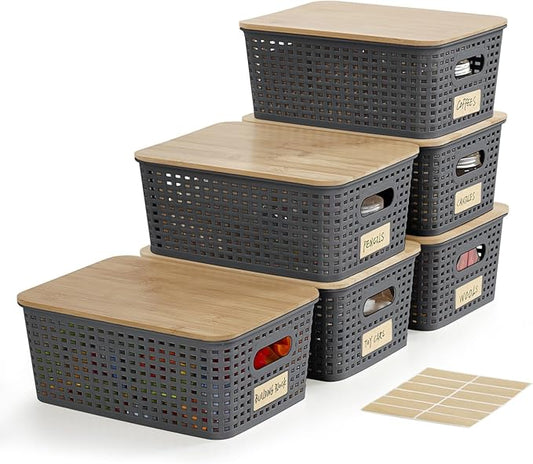 Bagnizer Small Plastic Storage Bins with Bamboo Lids 5.2qt Stackable Box Basket Pantry Decorative Containers Cute with Lable for Organizing Desktop Closet Office Gray of 6 packs 10 * 7.2 * 4.1"