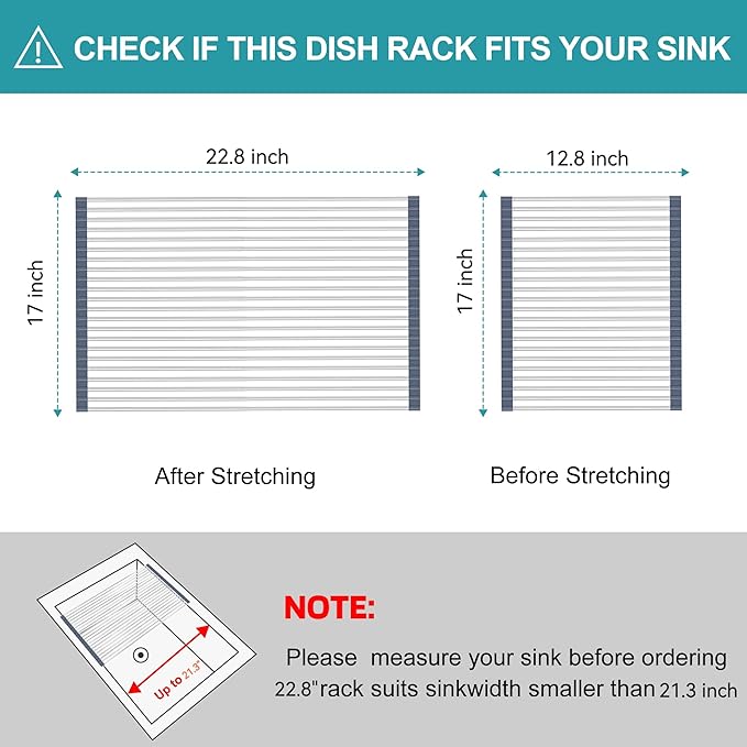 BBXTYLY Extra Large Expandable Roll Up Dish Drying Rack,Over The Sink Drying Rack Sink Cover Kitchen Sink Accessories Kitchen Rolling up Stainless Steel Drainer, Foldable,Rollable（Grey，22.8''-17.3''）