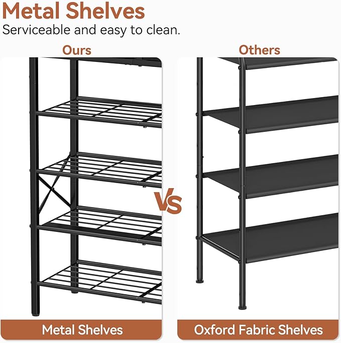 Shoe Rack for Entryway, 5 Tier Shoe Organizer with 2 Non-Woven Drawers, Metal Storage Shoe Shelf for 16-20 Pairs of Shoes, with Wooden Top and Steel Frame, Shoe Stand for Closet Charcoal