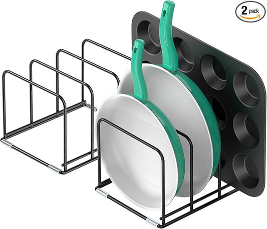 KORRTFID Kitchen Cabinet Organizer, 2PCS Steel Cookware Holder, Divided Holder with 3 Slots for Skillets Baking Tray and Chopping Board Rack - Pan Holder Storage (2.2 Inch Width Slots)