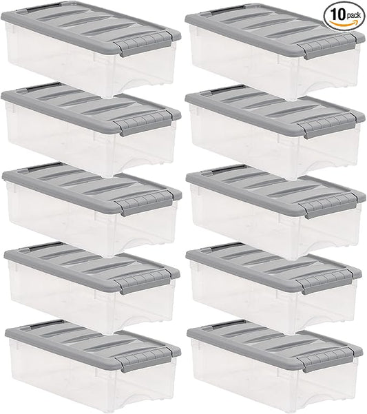 Amazon Basics Plastic Storage Containers with Secure Latching Lids, Stackable Organization Bins for Organizing, Clear/Grey, 5 Quart, Set of 10