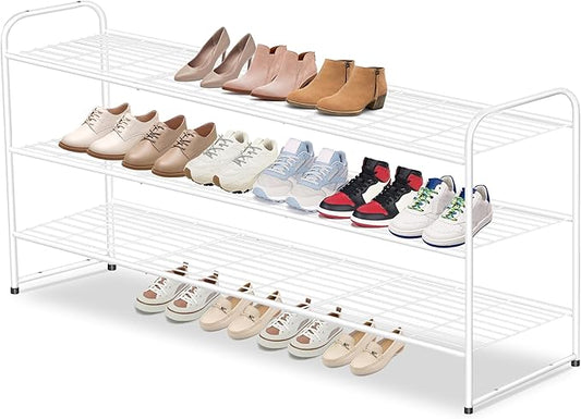 AOODA Long 3 Tier Metal Shoe Rack for Closet Wide Stackable Shoe Storage Organizer for Entryway, Bedroom, Floor, 24-Pairs Men Sneakers Boot Shelf with Wire Grid, White