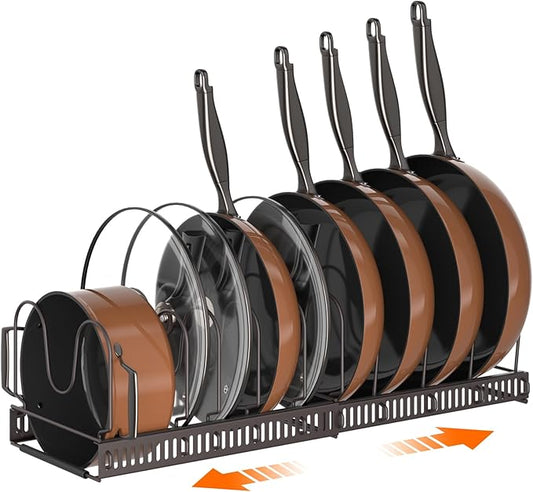 MUDEELA Pots and Pans Organizer Rack for under Cabinet, Expandable Pot Lid Kitchen Cabinet Organizer Holder with 10 Adjustable Compartment Cutting Board Organizer for Pan Lid Cookie Sheet Rack, Bronze