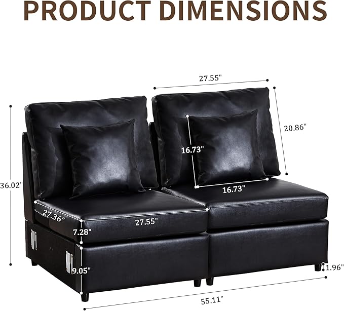 LEVNARY Modular Armless Chair Set of 2, Faux Leather Upholstered Single Seat for Sectional Sofa Expansion (Black)