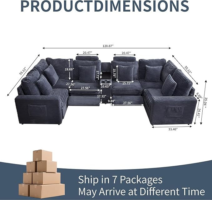 LEVNARY 6-Seat U Shaped Modular Sectional Sofa with Power Recliners, Faux Rabbit Fur Upholstery, Storage Console with Charging Ports & Cup Holders, Living Room Couch Set for Home Office (Gray)