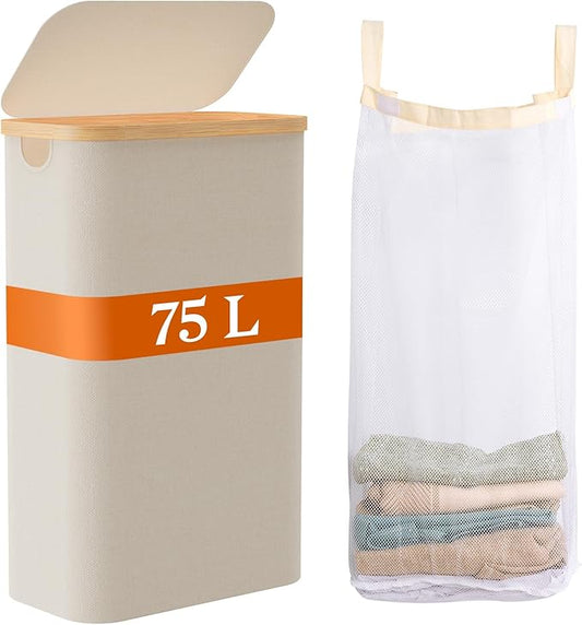 Laundry Basket with Lid, 75L Slim Laundry Hamper with Removable Bag, Travel Dirty Clothes Basket with Bamboo Handles for Bathroom, Bedroom & Laundry Room, Beige