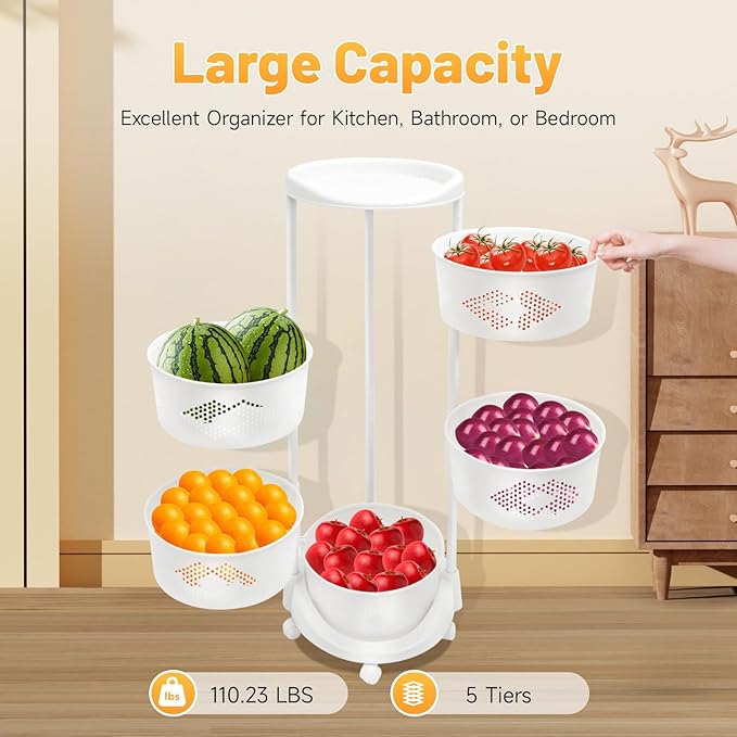 5 Tier Rotating Kitchen Storage Basket Rack Storage Shelf Cart Fruit Vegetable Organizer with Casters Rolling Multi-Layer Round Bin Storage Space Saver for Home Household Grocery