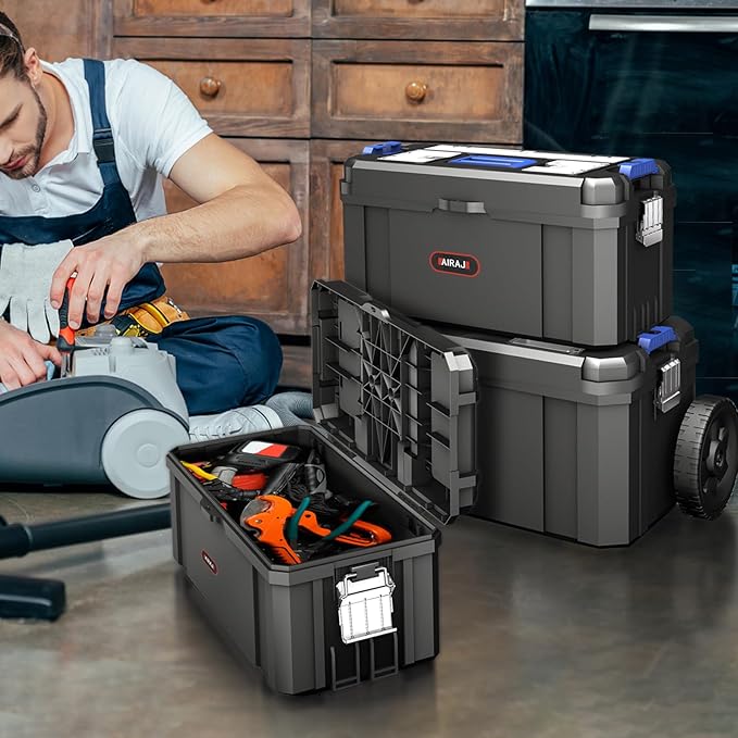 3-In-1 Tool Box with Wheels | Rolling Stackable Tool Box | Modular Tools Storage System | Small Toolbox with Detachable Parts Box Organizer丨Portable Toolbox for Garages,Home DIY,Workshop丨17+19+21"