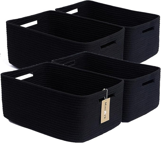 MiniArk Large Storage Baskets for Organizing, Closet Shelf Baskets for Clothes Blanket Towels, Baby Nursery, Toy Bins Box, Woven Rope Baskets, 17 x 13 x 7.5”, 4 Packs Black