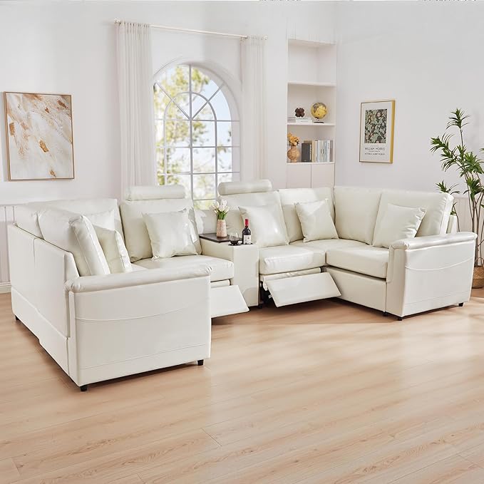 LEVNARY 6-Seat U Shaped Modular Sectional Sofa with Power Recliners, Upholstered Faux Leather Couch Storage Console with Charging Ports & Cup Holders, Living Room Couch Set for Home Office (White)