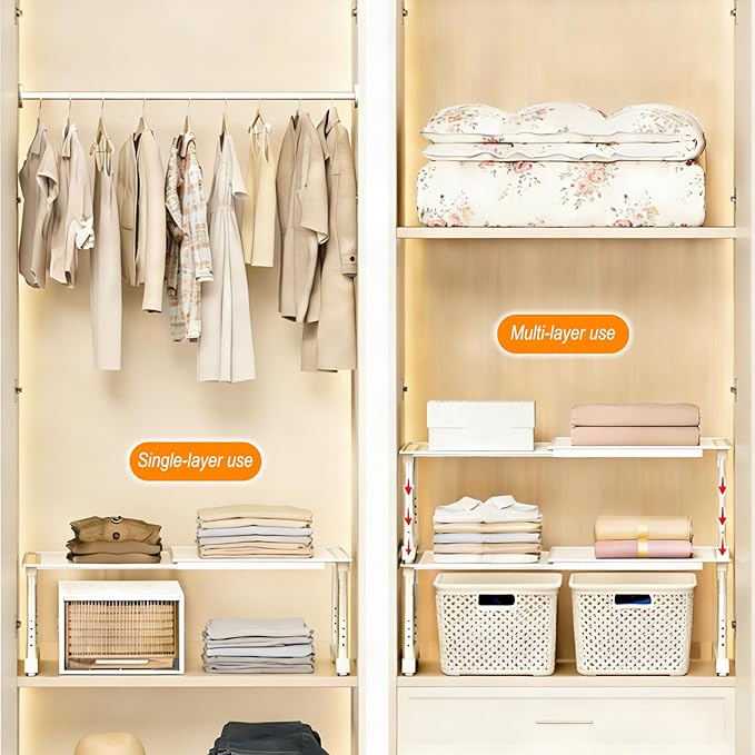 Expandable Cabinet Shelf Orgnizers, Stackable Kitchen Counter Shelves, Adjustable Height Pantry Cupboard Shelf, for Bathroom, Wardrobe, Under Sink Countertop (2)