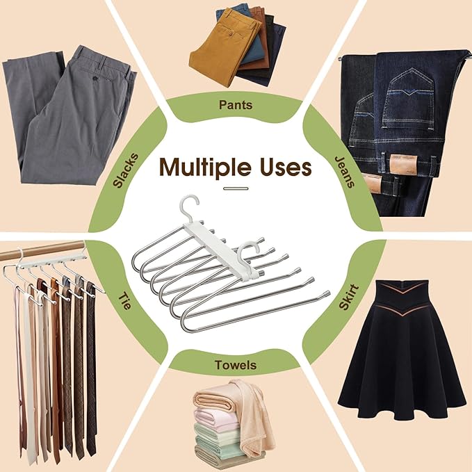 Space Saving Pants Hanger 6 Tier - Stainless Steel No Slip Multi Trouser Rack for Jeans, Slacks, Scarves - Vertical Folding Closet Organizer Saver for Men Women, 2 Pack