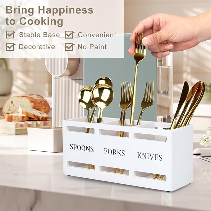 Wooden Silverware Cutlery Holder White Flatware Caddy Kitchen Utensils Holder for Party Wood Silverware Organizer Storage Containers for Countertop Spoon and Fork Holder Flatware Silverware Caddies