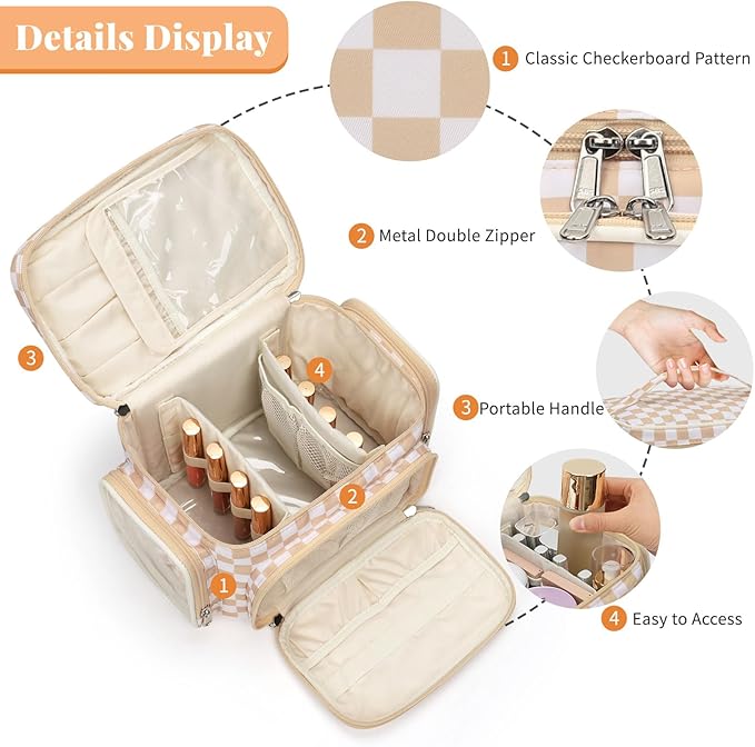 Bagmoly Large Makeup Bag, Portable Travel Makeup Bag Organizer for Women Girls with Makeup Brush Compartment & Two Side Pockets, Cosmetic Travel Bag Vertical Storage Toiletry- Checkerboard