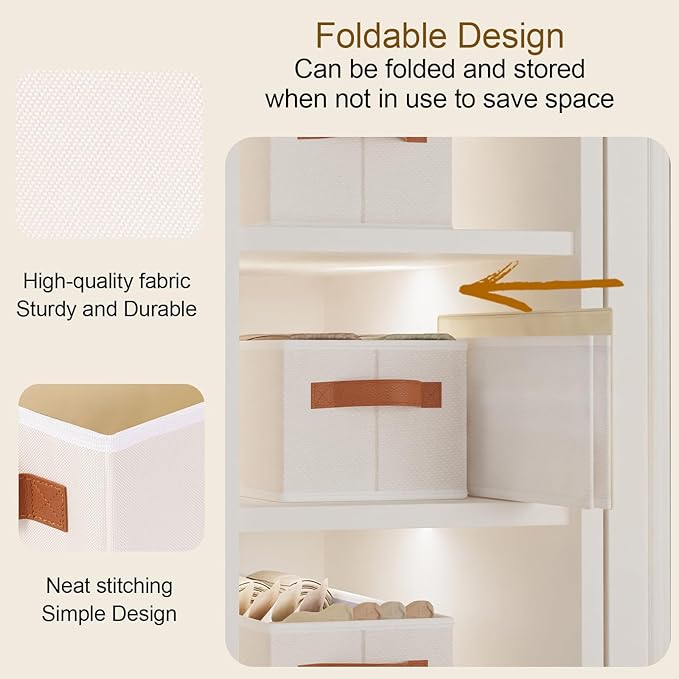 Storage Bins, Fabric Foldable Baskets for Shelves, Collapsible Storage Box Containers with Double Handles, Beige, 15 x 6 x 5 Inch, 3-Pack