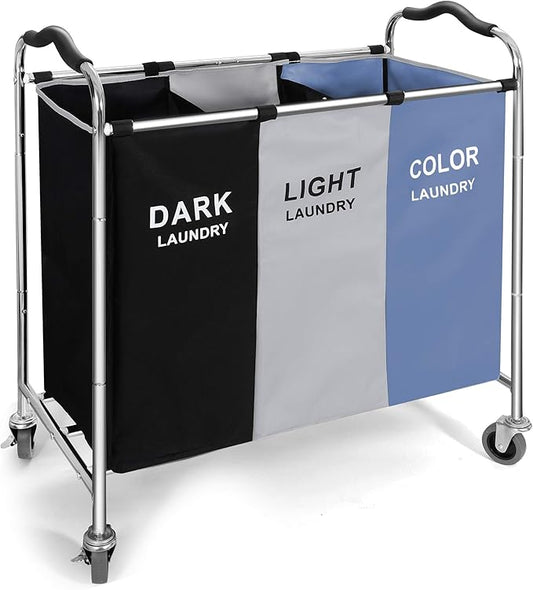 Laundry Basket, Large Laundry Hamper with Wheels, 3 Section Laundry Bag Organizer for Dirty Clothes; Dorm Room Essentials, Towel & Toys Storage Laundry Cart in Laundry Room Organization -BLUE