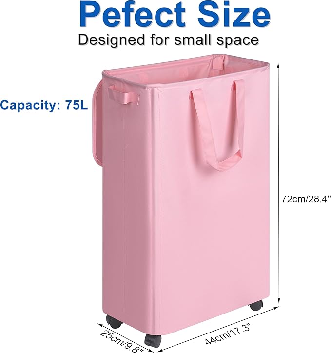 Vincona Slim Laundry Hamper with Lid and Wheels, Small Rolling Laundry Basket with Handle for Small Spaces, Tall Dirty Clothes Hampers for Dorm, Bathroom and Bedroom, 75L, Pink